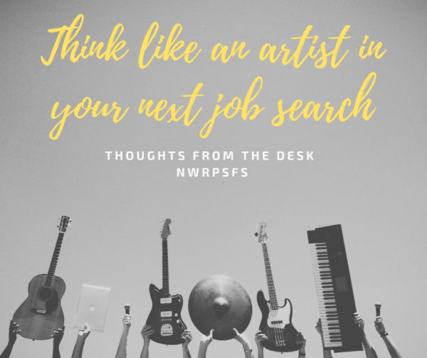 Text Says Think Like An Artist In Your Next Job Search, Hands Holding Musical Instruments